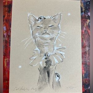 Original Cat Ladybug painting charcoal pastel Whimsical art decor  Artettina USA